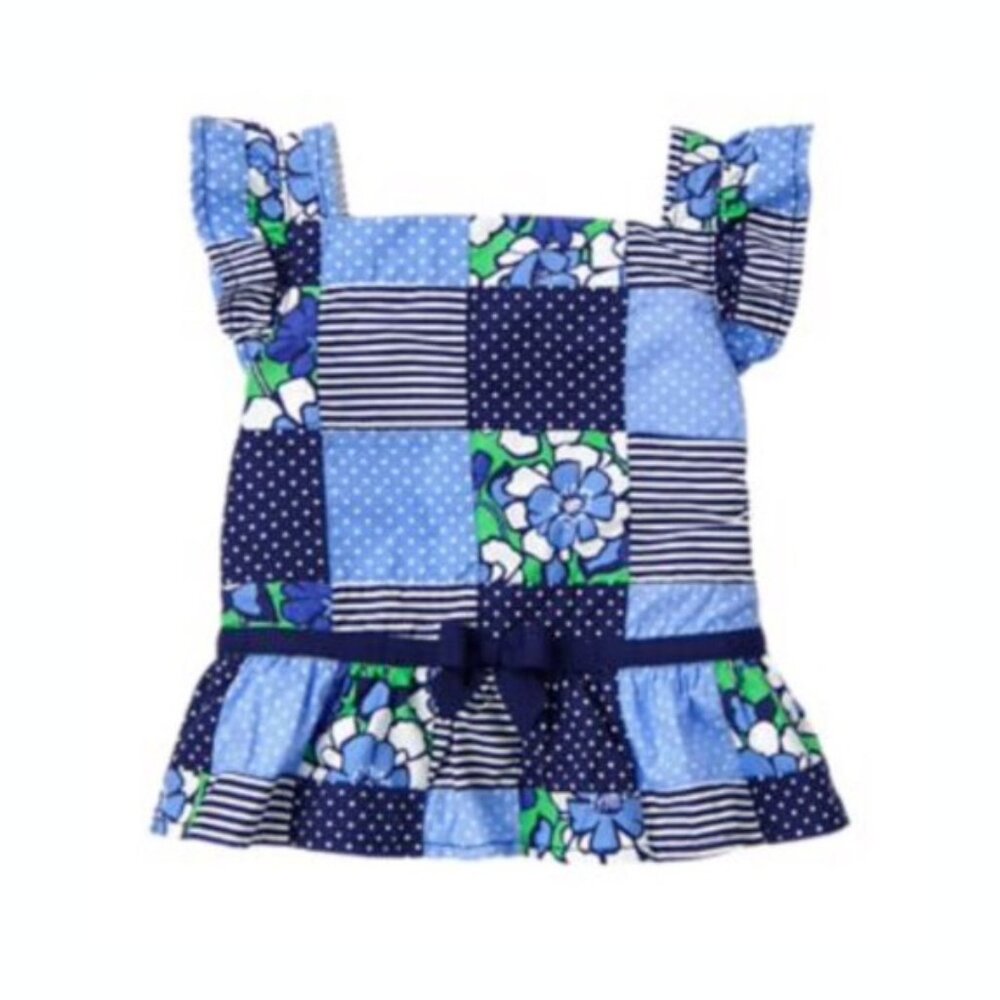 Gymboree Baby Girls Spring Prep Patchwork Blue Floral Ruffle Hem Top 12–18M